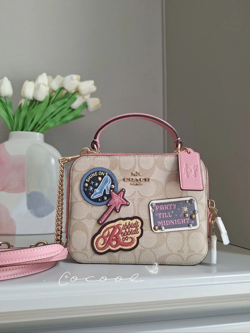 NWT Disney x Coach Cinderella Box Crossbody Bag Signature Canvas Khaki Pink Rare